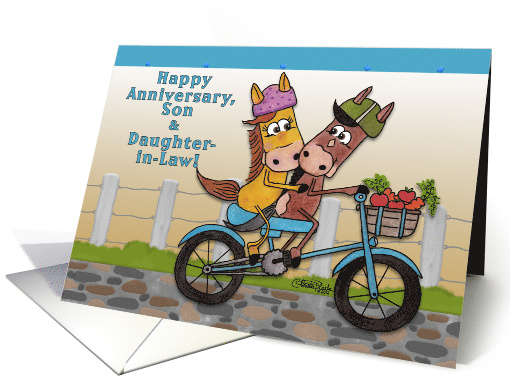 Happy Anniversary to Son and Daughter in Law Horses on a Bicycle card