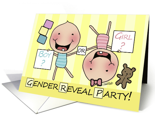 Baby Gender Reveal Party Invitation Cartoon Baby Boy and Girl card