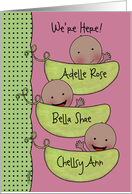 Custom Birth Announcement Triplet Girls-Peapod Babies for dark skin card