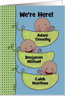 Custom Birth Announcement Triplet Boys-Peapod Babies for dark skin card