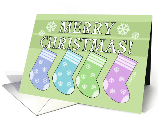 Merry Christmas From Us Four Colorful Stockings Hang on letters card