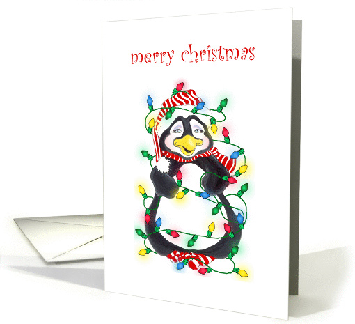 Merry Christmas Penguin Tangled In Christmas Light Christmas card