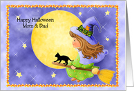 Little Flying Witch Mom & Dad Happy Halloween Paper Greeting Cards