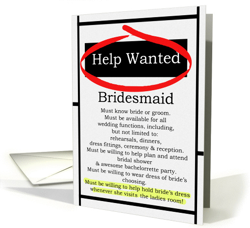 Humorous Bridesmaid Invitations Help Wanted Ad card (546718)
