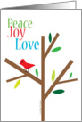 Christmas Holiday - Peace Joy Love, Red Bird in Tree card
