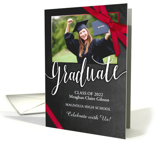 Graduation Party Invitation Chalkboard Red Ribbon Bow card (1524792)