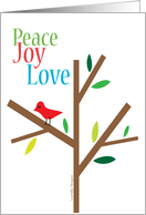 Christmas Holiday - Peace Joy Love, Red Bird in Tree card