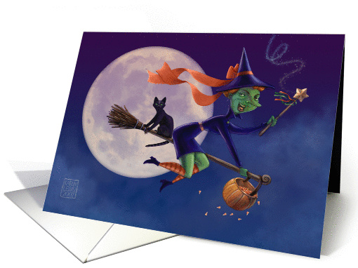 Whimsical Flying Halloween Witch card (102405)