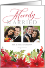 Merrily Married Christmas Watercolor Poinsettia Holiday 2-Photo card