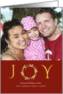 Christmas Joy Floral Wreath Red and Gold Holiday Photo Greeting card