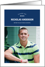 Graduation Announcement for Son Navy Blue and White Minimalist Photo card