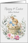 Happy 1st Easter Custom Name Boy Boho Bunny Wreath card