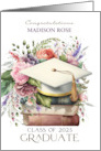 Custom Name Class of 2025 Graduation Cap Books Pink Peonies card