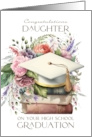 Daughter Congratulations High School Graduation Cap Books Pink Peonies card