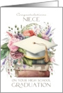 Niece Congratulations High School Graduation Cap Books Pink Peonies card