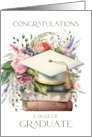 Congratulations College Graduate Cap Books Pink Peonies card
