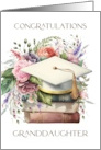 Congratulations Granddaughter Graduation Cap Books Pink Peonies card