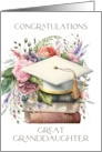 Congratulations Great Granddaughter Graduation Cap Books Pink Peonies card