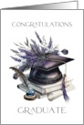 Graduate General Graduation Cap Books Quill Lavender Laurels card