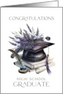 Congratulations High School Graduate Cap Books Quill Lavender Laurels card