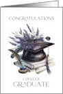 Congratulations College Graduate Cap Books Quill Lavender Laurels card