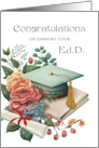 EdD Graduation Congratulations Teal Blue Cap Book and Laurels card