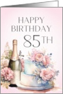 85th Birthday Floral Pink Champagne and Cake card