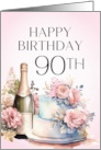 90th Birthday Floral Pink Champagne and Cake card