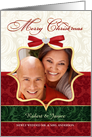 Our First Christmas - Personalized Holiday Photo Greeting Cards - Vintage Ivory, Red & Green Damask card