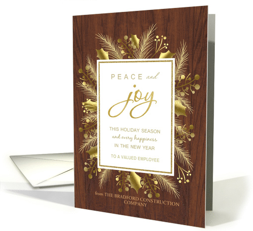Gold Foliage Holly Wreath on Wood for Employee Business Holiday card