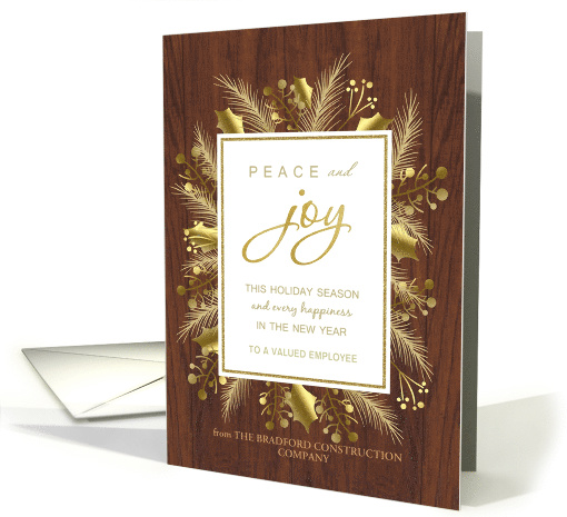 Gold Foliage Holly Wreath on Wood for Employee Business Holiday card