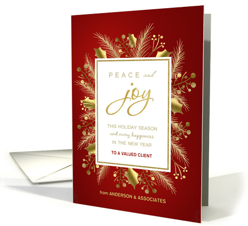 Elegant Gold Foliage Holly Wreath Business Holiday Card... (1451558)