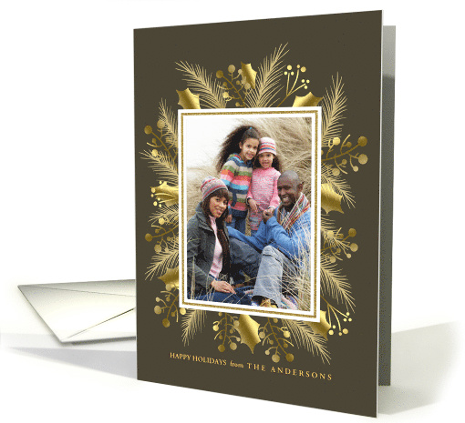 Happy Holidays Gold Holly and Pine Wreath Photo card (1451612)