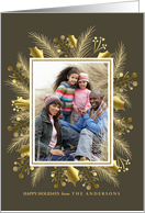 Happy Holidays Gold Holly and Pine Wreath Photo Card