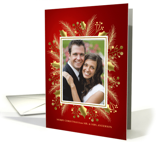 Merry Christmas Gold Holly and Pine Wreath Photo card (1451654)