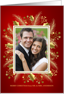 Merry Christmas Gold Holly and Pine Wreath Photo Card