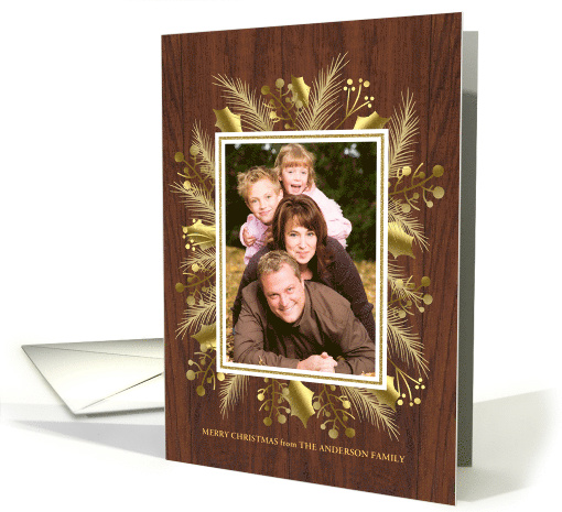 Merry Christmas Gold Holly and Pine Wreath Photo card (1451664)