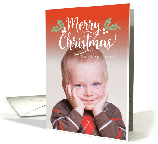 Merry Christmas with Cute Holly and Berries Full Bleed Photo card