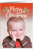 Merry Christmas with Cute Holly and Berries Full Bleed Photo card