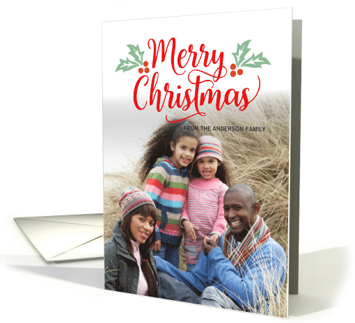 Merry Christmas with Cute Holly and Berries Full Bleed Photo card