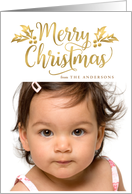 Merry Christmas with Gold Holly and Berries Full Bleed Photo card