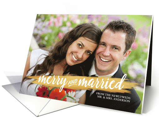 Merry and Married Gold Paint Brush Stroke Holiday Photo card (1451704)