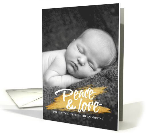 Peace and Love Gold Paint Brush Stroke Holiday Photo card (1451938)