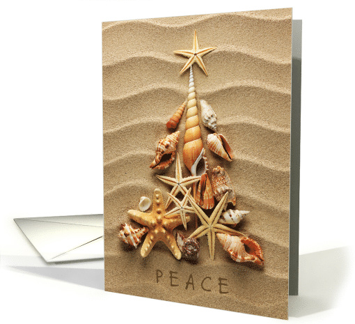 Peace Sea Shells on Sand Christmas Tree Holiday Greeting card