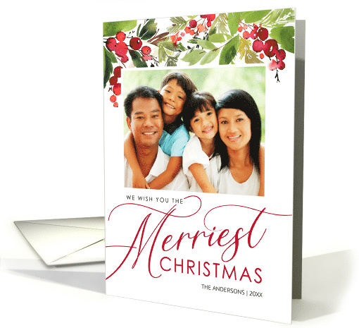 Merriest Christmas Watercolor Greenery Holiday Photo Greeting card