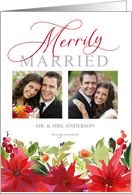 Merrily Married Christmas Watercolor Poinsettia Holiday 2-Photo card