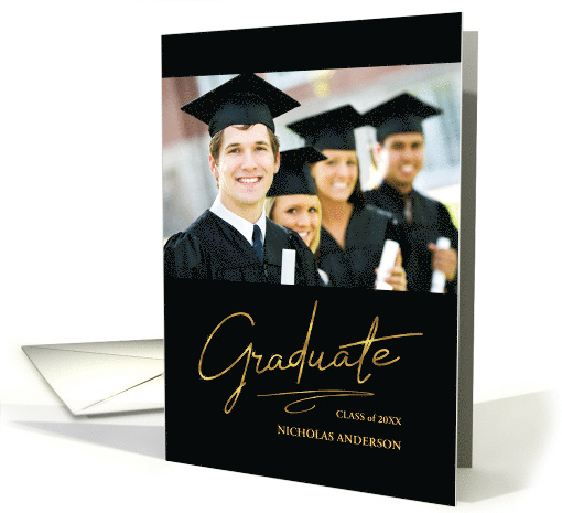 Graduation Announcement for Son Modern Gold Script with Photo card