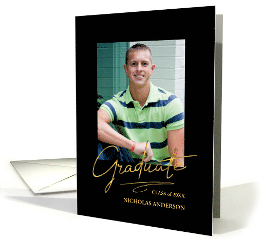 Graduation Announcement for Son Modern Gold Script with Photos card
