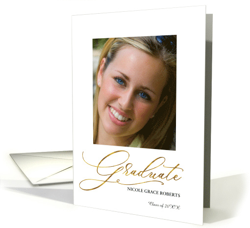 Graduation Announcement Elegant Gold Script with Photo card (1601296)