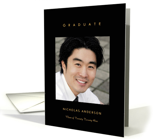 Graduation Announcement Gold and Black Minimalist Photo for Son card